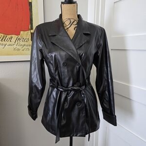 Elegant Black Double-Breasted FAUX Leather Jacket. Size M. Calif Designer. NWOT.